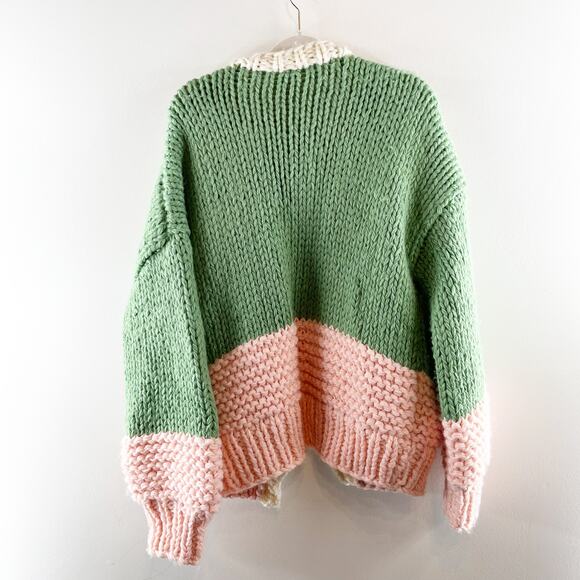 Saachi Anthropologie Hand Knit Chunky Cardigan Colorblock Sweater Green Pink O/S - Picture 6 of 7